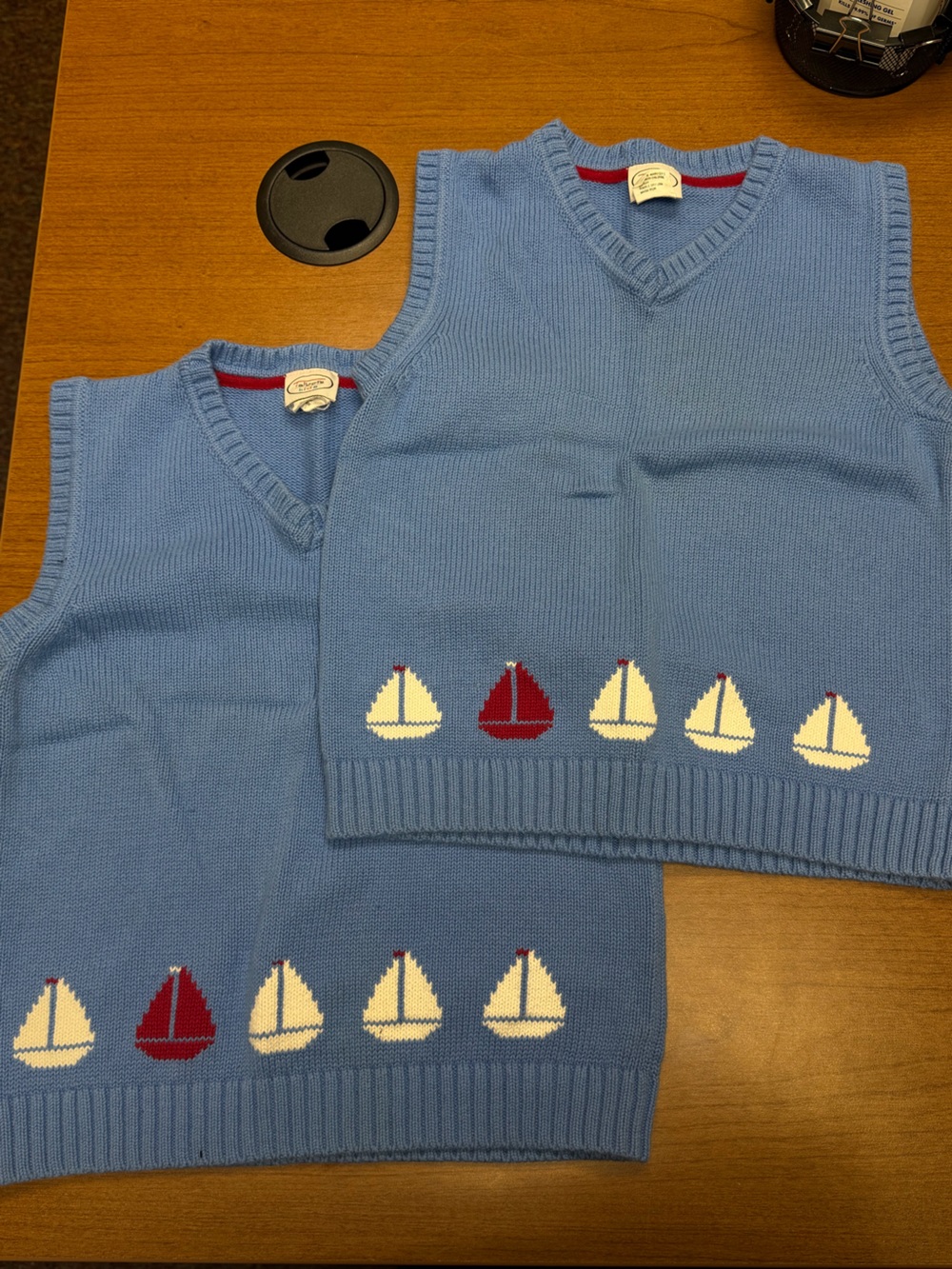 Talbots Light Blue Knit Vest with Red Trim